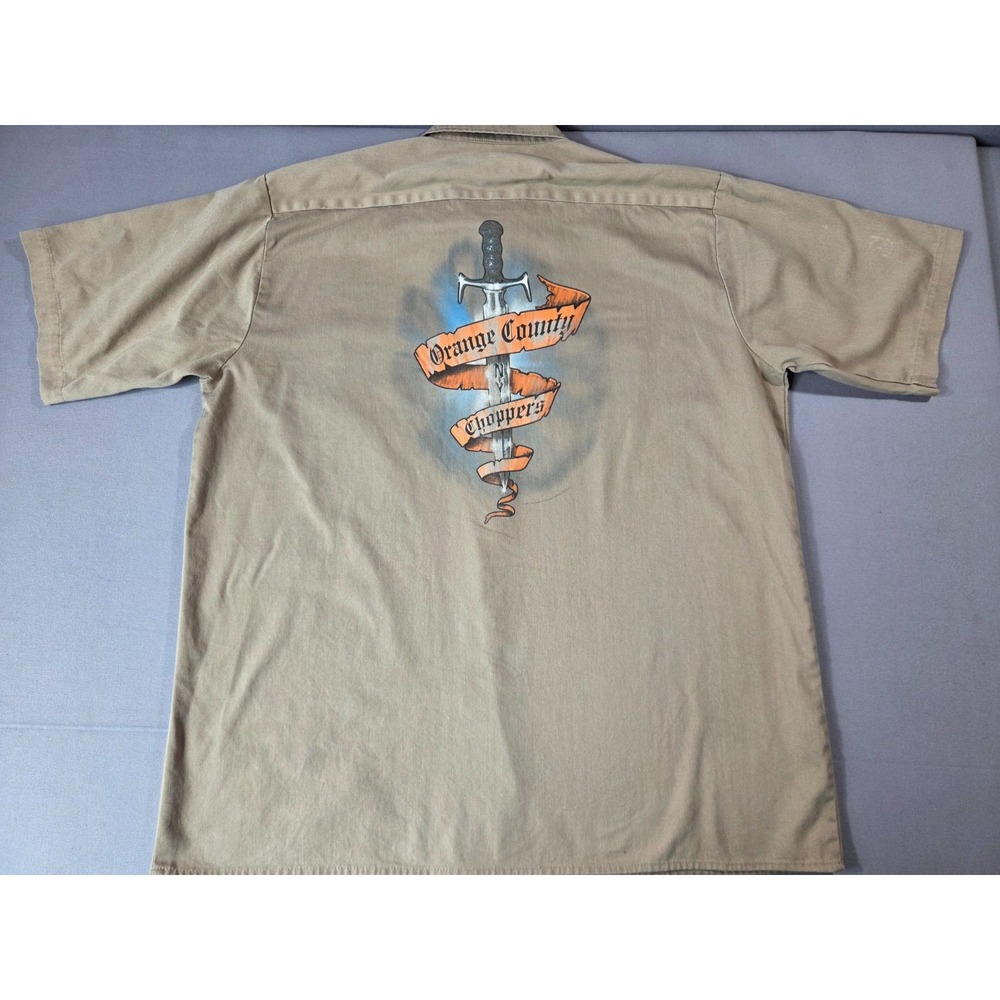 Vintage Orange County Choppers Mens XXL‎ Khaki Button Up Work Shirt Biker